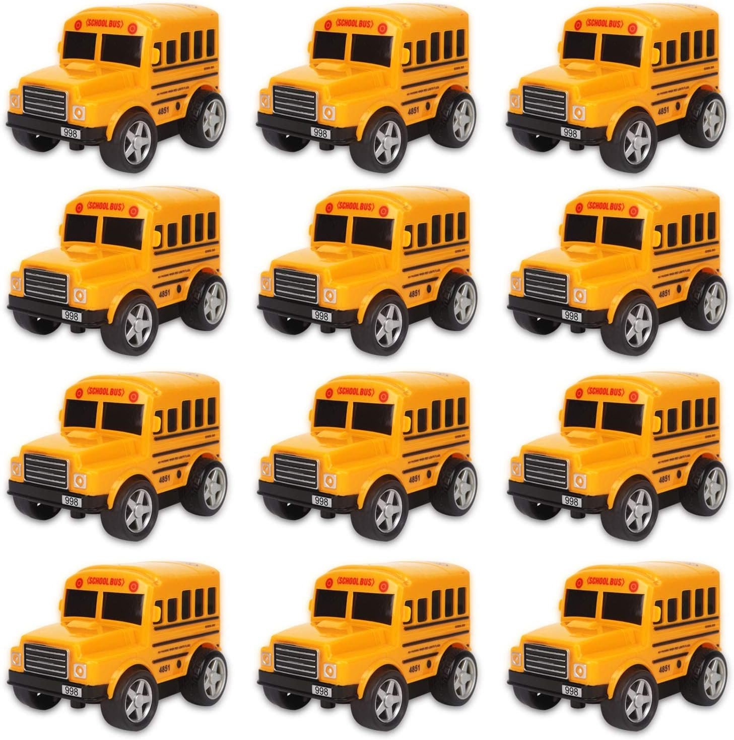 12 Pack in Box Chubby School Bus Model Toys - 4 inches Classic Long Nose Friction Powered 360 Rotation Vehicles - Ideal Gift, Party Favors for Kids (1 Dozen)