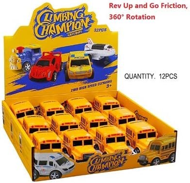 12 Pack in Box Chubby School Bus Model Toys - 4 inches Classic Long Nose Friction Powered 360 Rotation Vehicles - Ideal Gift, Party Favors for Kids (1 Dozen)