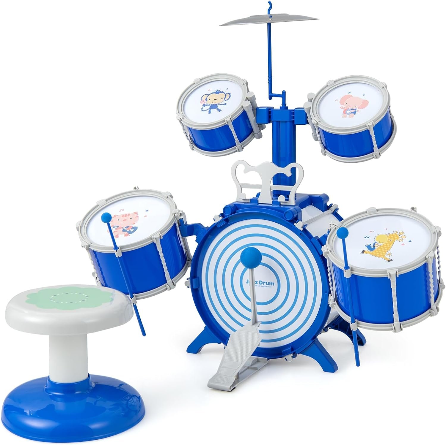 HONEY JOY Kids Drum Set, Toddler Jazz Drum Kit w/ 5 Drums, Stool, Pedal, 2 Drum Sticks  Music Stand, Percussion Musical Instruments for Boys Girls Christmas Birthday, Toddler Drum Set Ages 3+