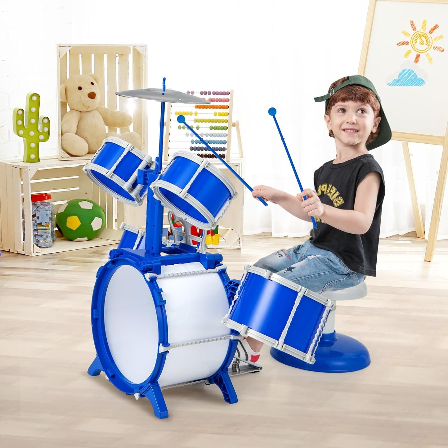 HONEY JOY Kids Drum Set, Toddler Jazz Drum Kit w/ 5 Drums, Stool, Pedal, 2 Drum Sticks  Music Stand, Percussion Musical Instruments for Boys Girls Christmas Birthday, Toddler Drum Set Ages 3+