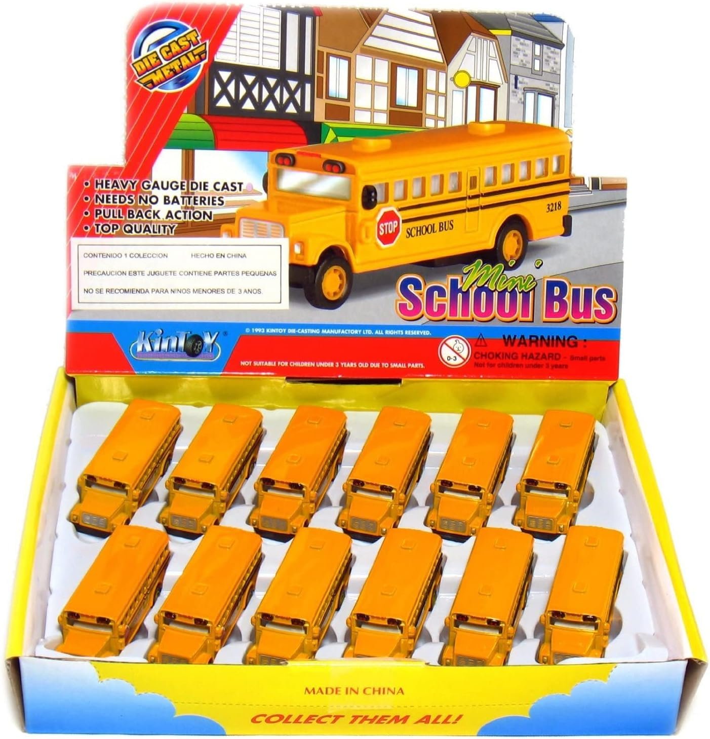 🚌 KiNSFUN Classic Long Nose School Bus 2½ Die Cast Metal w/ Pull Back Action 12 Pack