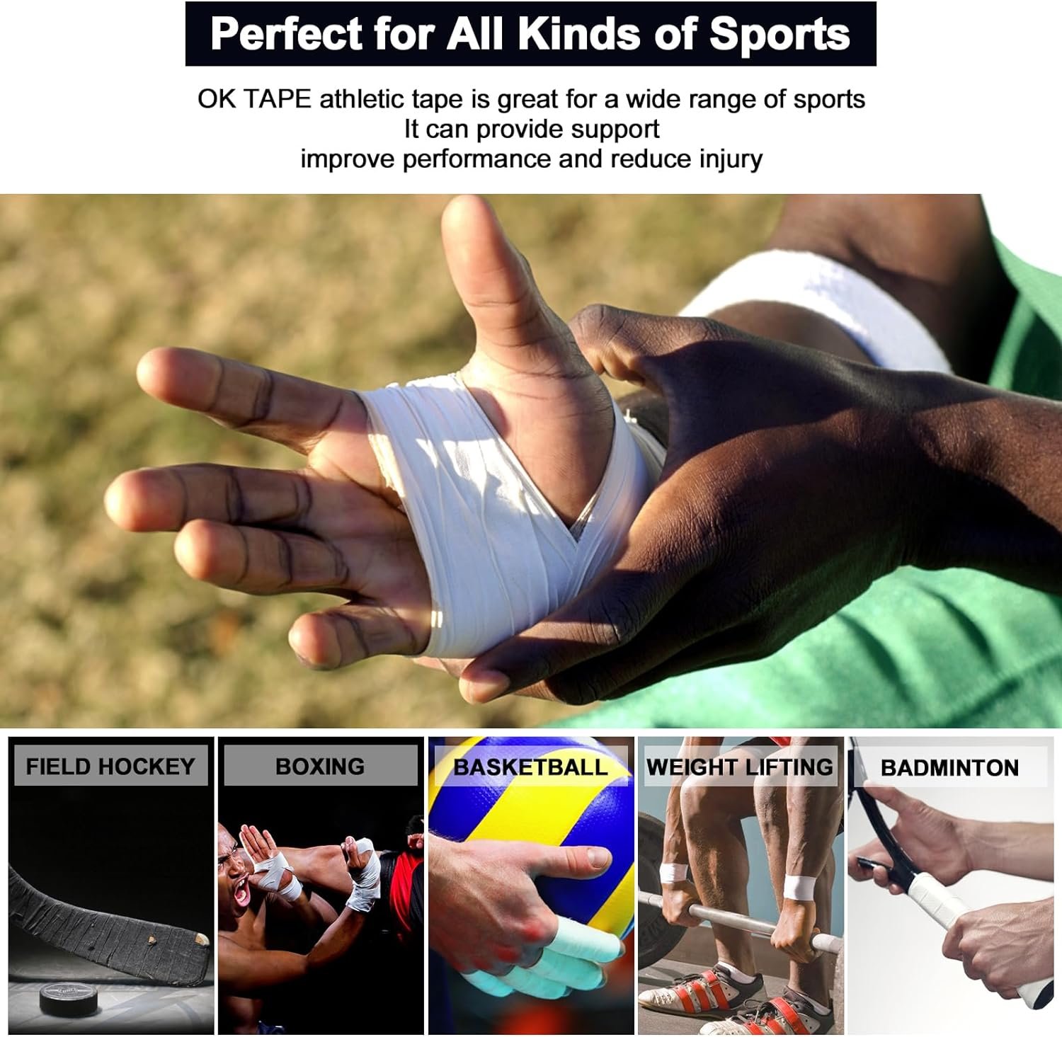 OK TAPE Athletic Sports Tape（4-Rolls) - 45ft Per Roll Very Strong Tape for Athlete  Sport Trainers  First Aid Injury Wrap, Perfect for Fingers Ankles Wrist on Bat, Hockey Stick - Black