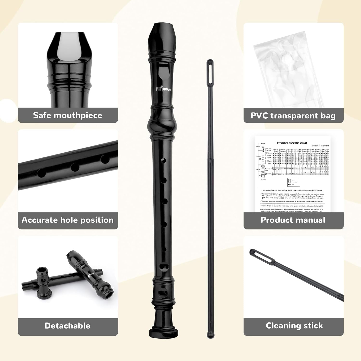 SWAN Soprano Recorder Instrument for Beginners Kids Student in School - German Fingering 8 Hole Flute 3pcs ABS Descant Recorders with Cleaning Rod and Fingering Chart, SW8K Black