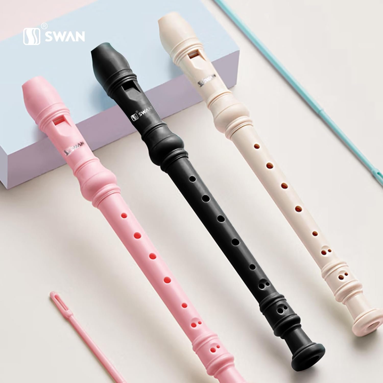 SWAN Soprano Recorder Instrument for Beginners Kids Student in School - German Fingering 8 Hole Flute 3pcs ABS Descant Recorders with Cleaning Rod and Fingering Chart, SW8K Black