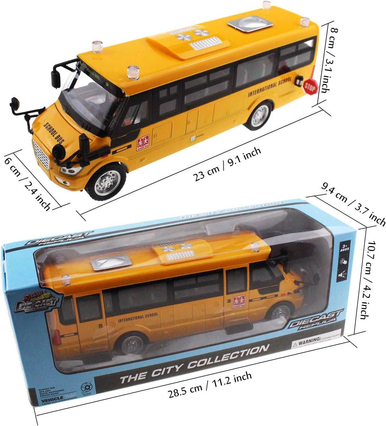 Tipmant Alloy School Bus Model Toys Pull Back Vehicle Car Broadcasting Sound  Music, Lights, Moveable Doors Kids Birthday